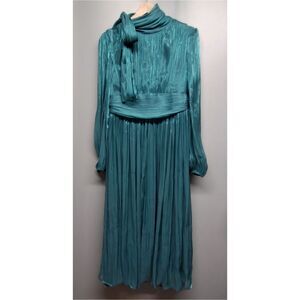 Anewsta Maxi Dress Women Size M Green Satin Relaxed Long Sleeve Formal Retro New